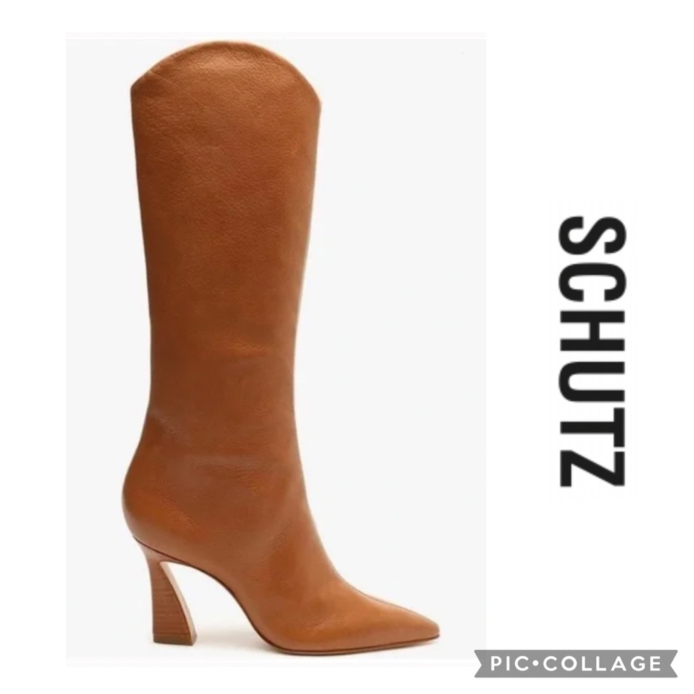 🦋SCHUTZ Women's Maryana Stack Flare Heel Boots Butterscotch Tan Leather🦋